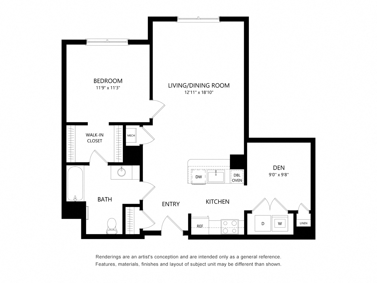 Floor plan for 1 bed, 1 bath, 894 sqft